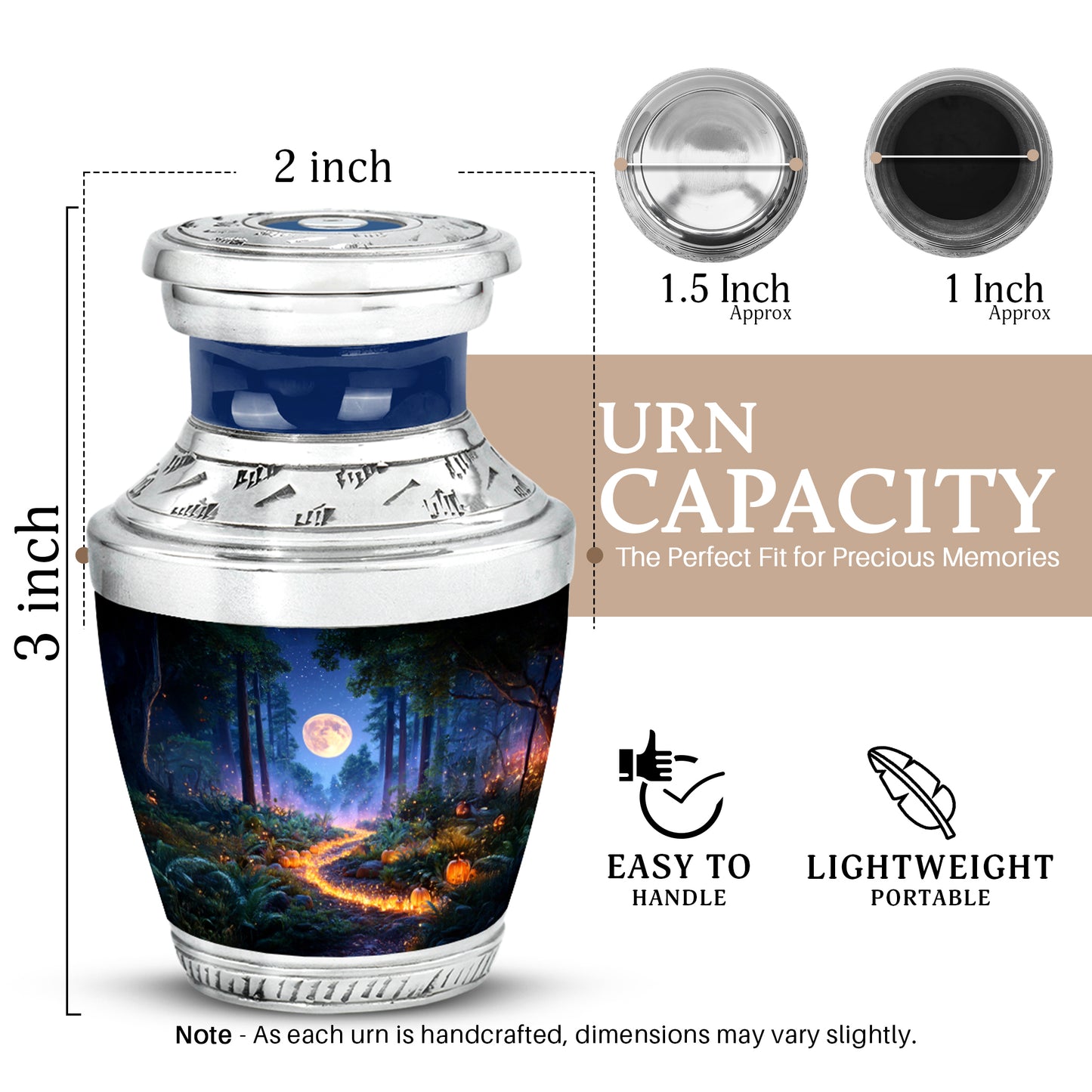 Sapphire Blue Halloween Cremation Urn top-down view of secure threaded lid - artistic halloween interpretation with creative detail - mini keepsake memorial for portion of cremation ashes