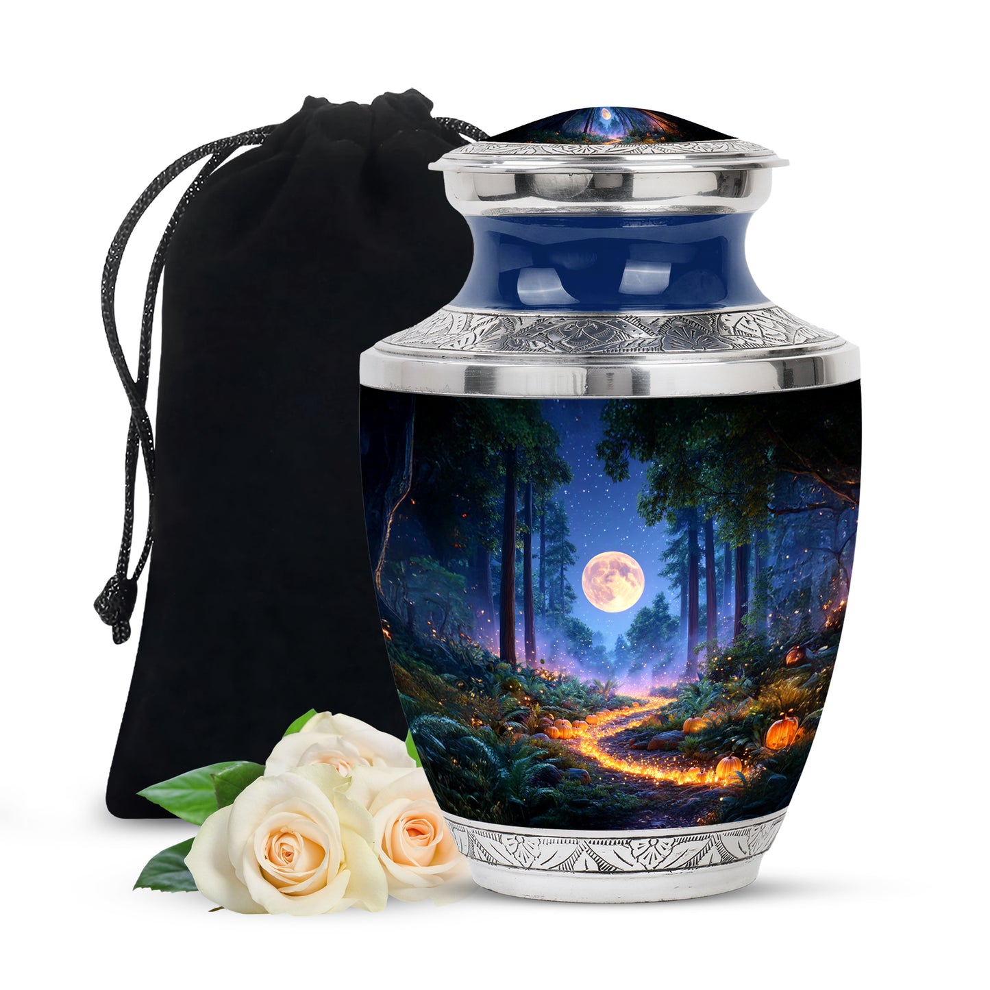 Cornflower Blue Halloween Cremation Urn side profile showing urn shape - stylized abstract halloween pattern with bold lines - full-size 10 inch 200 cubic inch adult cremation urn