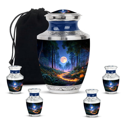 Bright Blue Halloween Cremation Urn lifestyle display on memorial shelf - stylized abstract halloween pattern with bold lines - memorial set with one large and four small urns