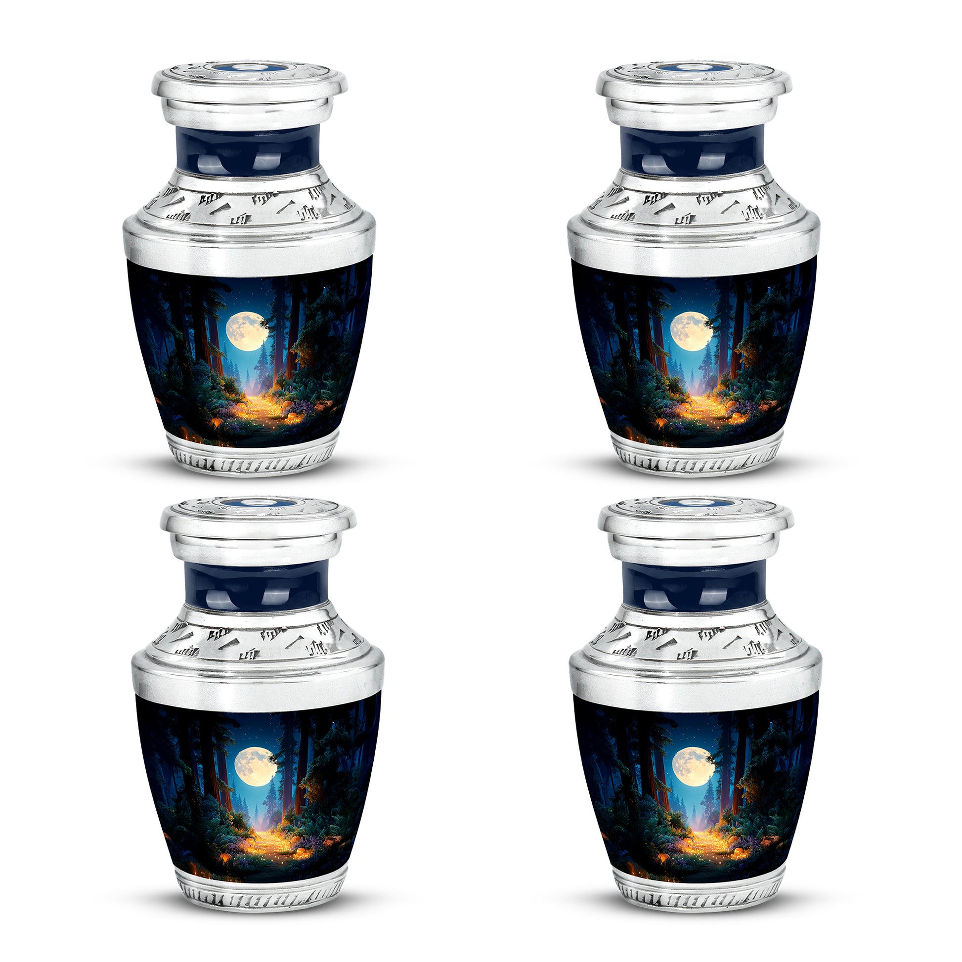 Sapphire Blue Halloween Cremation Urn back view with polished surface - artistic halloween interpretation with creative detail - 10 inch aluminum urn for cremated remains