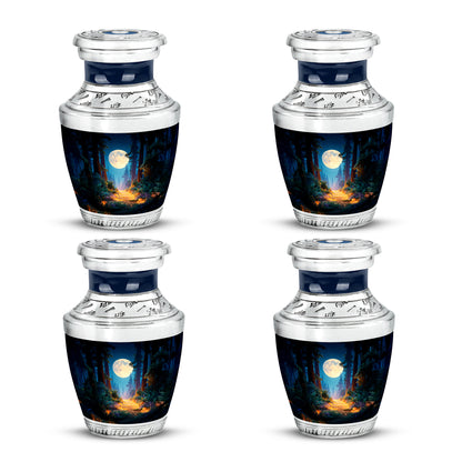 Sapphire Blue Halloween Cremation Urn back view with polished surface - artistic halloween interpretation with creative detail - 10 inch aluminum urn for cremated remains