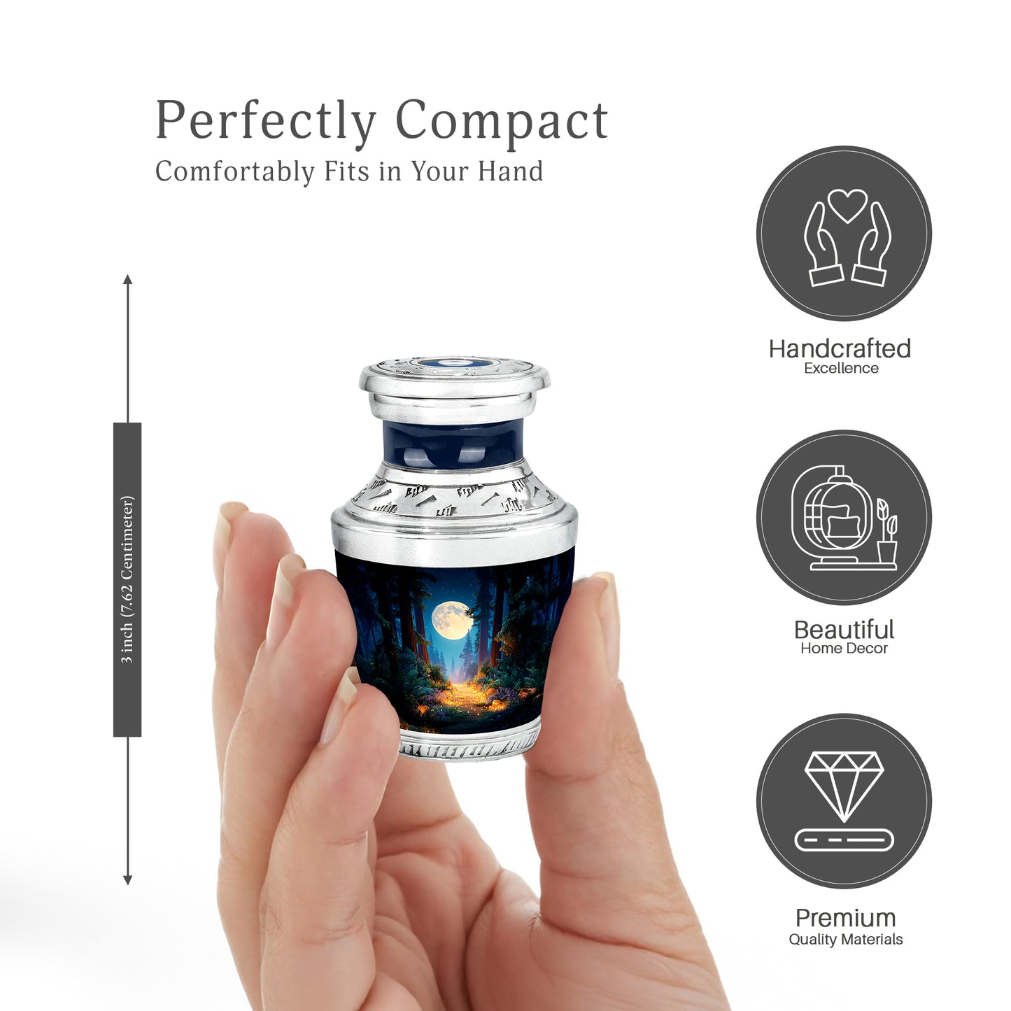 Navy Blue Halloween Cremation Urn top-down view of secure threaded lid - modern art-inspired halloween motif on sleek aluminum - mini keepsake memorial for portion of cremation ashes