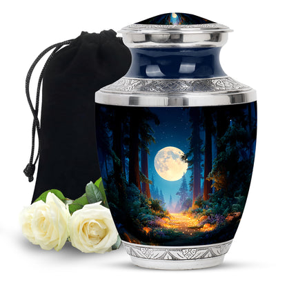 Indigo Halloween Cremation Urn side profile showing urn shape - modern art-inspired halloween motif on sleek aluminum - full-size 10 inch 200 cubic inch adult cremation urn