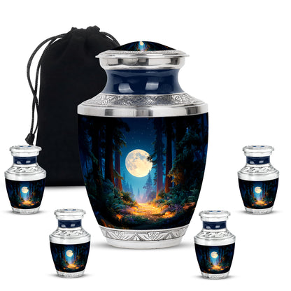Sky Blue Halloween Cremation Urn lifestyle display on memorial shelf - contemporary halloween design with modern artistic flair - memorial set with one large and four small urns