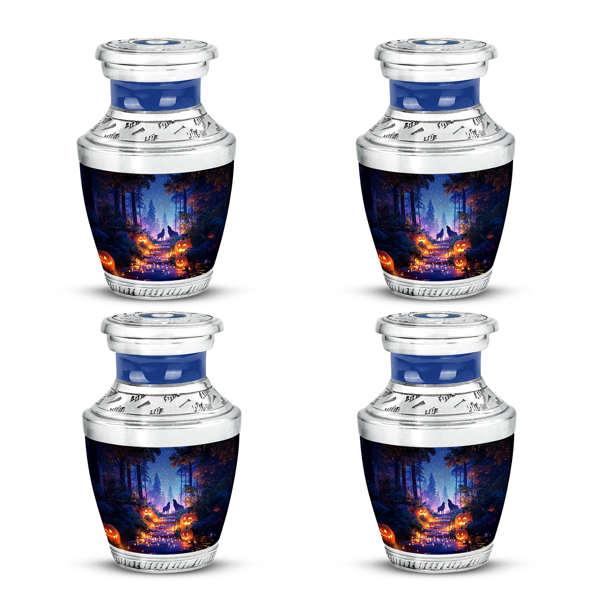 Bright Blue Halloween Cremation Urn back view with polished surface - stylized abstract halloween pattern with bold lines - 10 inch aluminum urn for cremated remains