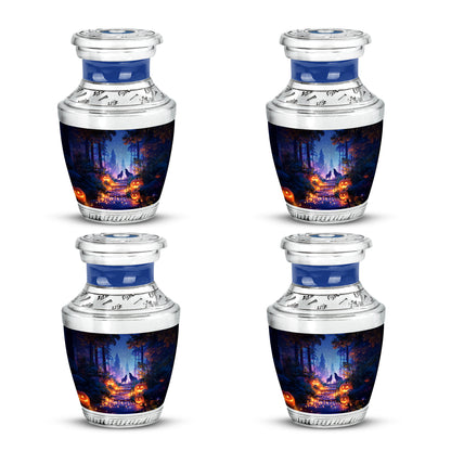 Bright Blue Halloween Cremation Urn back view with polished surface - stylized abstract halloween pattern with bold lines - 10 inch aluminum urn for cremated remains