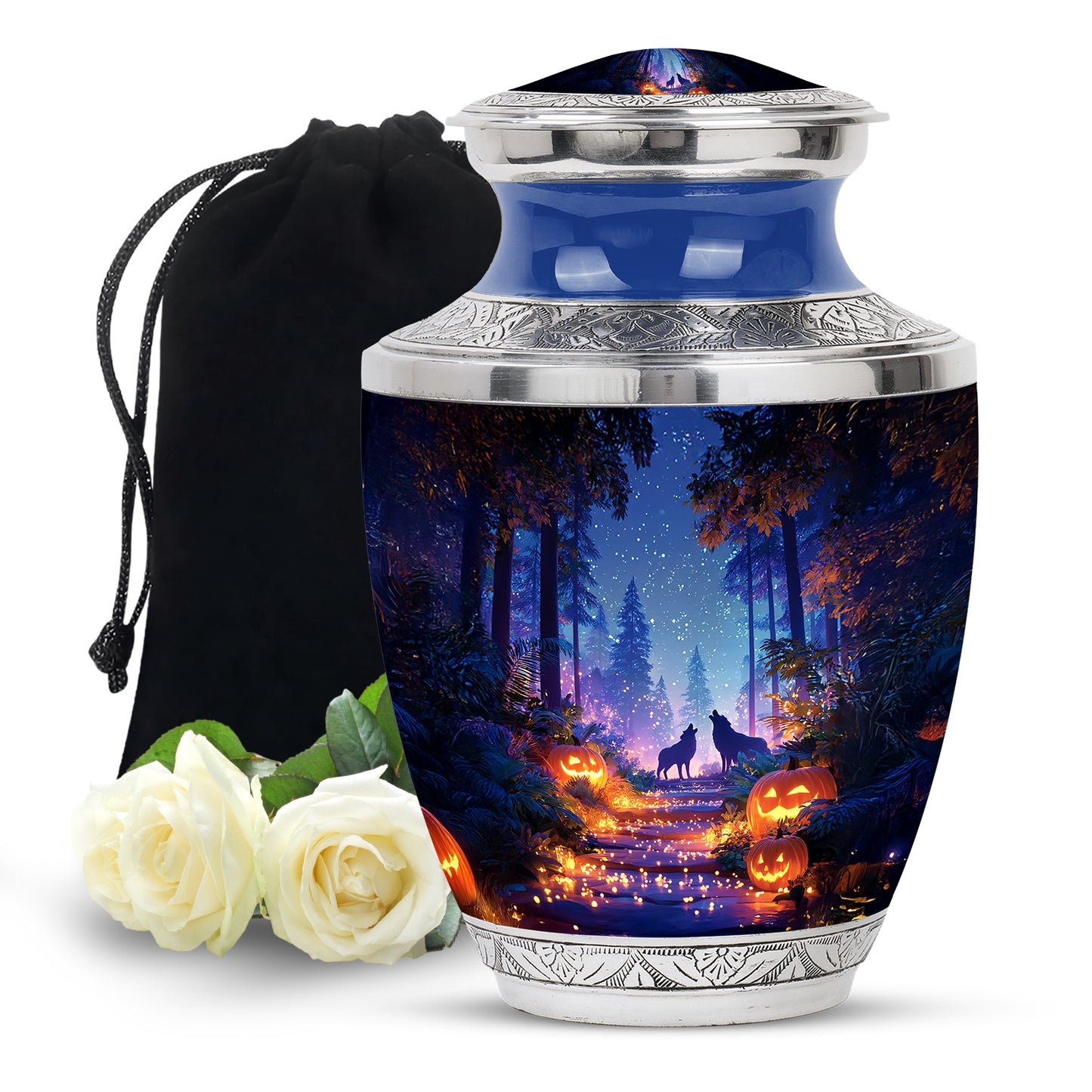 Twilight Blue Halloween Cremation Urn side profile showing urn shape - stylized abstract halloween pattern with bold lines - full-size 10 inch 200 cubic inch adult cremation urn