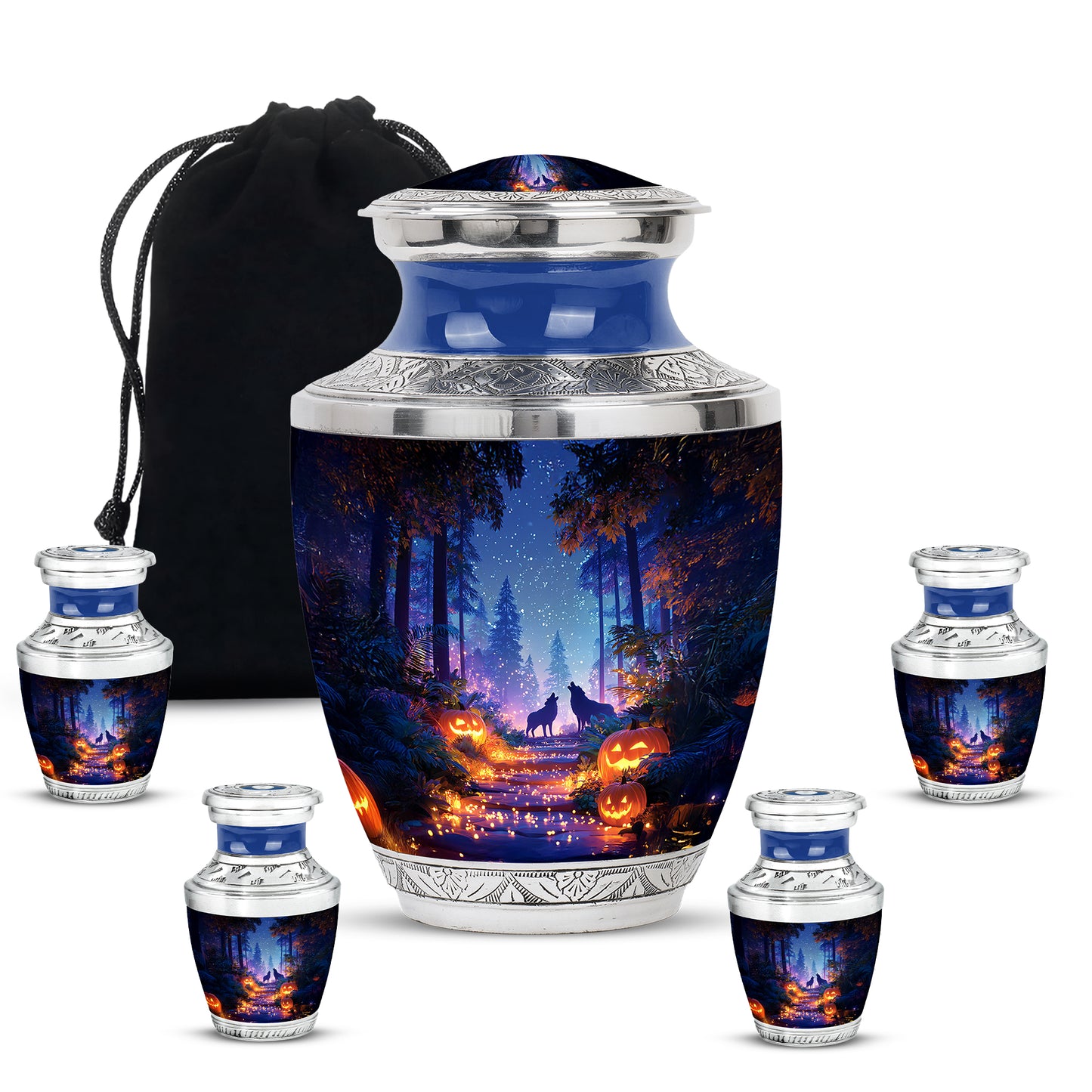 Calming Blue Halloween Cremation Urn lifestyle display on memorial shelf - stylized abstract halloween pattern with bold lines - memorial set with one large and four small urns