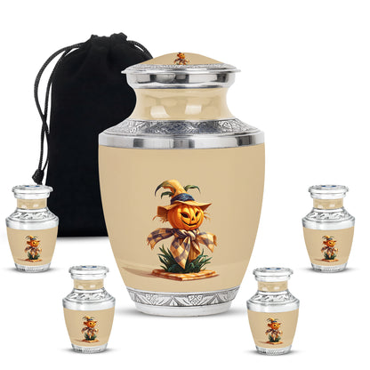 Harvest Gold Halloween Cremation Urn lifestyle display on memorial shelf - artistic halloween interpretation with creative detail - memorial set with one large and four small urns