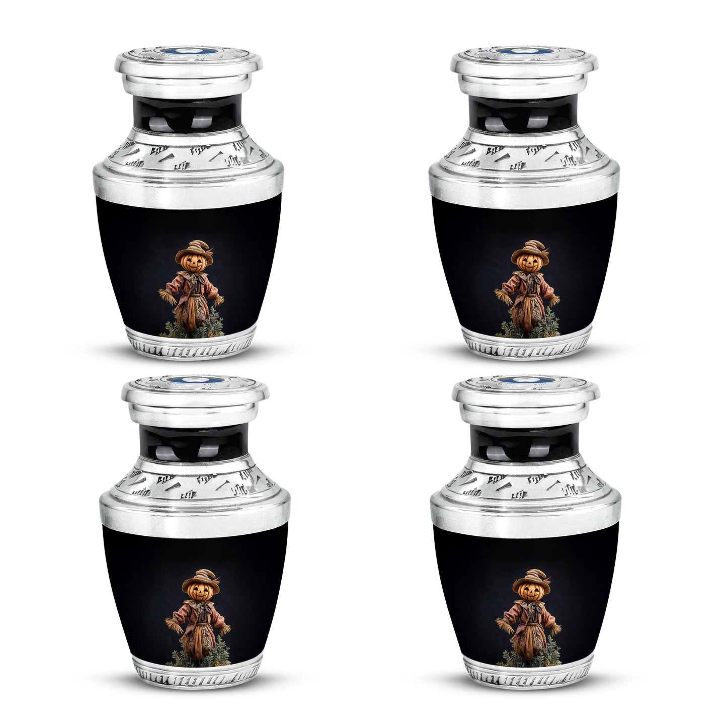 Dark Black Halloween Cremation Urn back view with polished surface - artistic halloween interpretation with creative detail - 10 inch aluminum urn for cremated remains