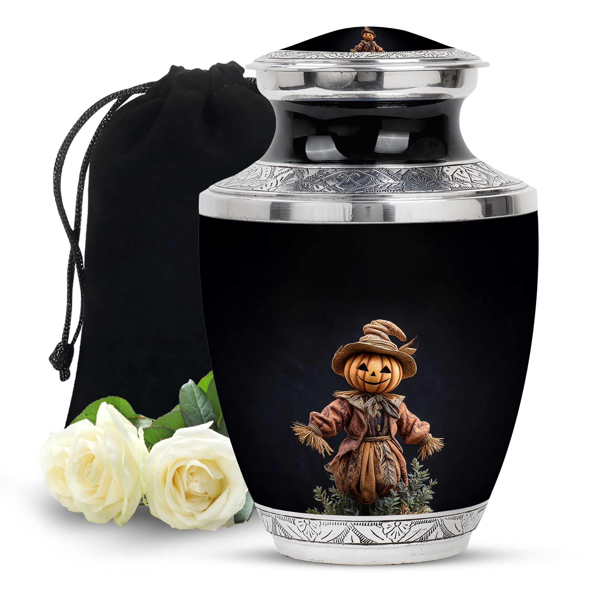 Jet Black Halloween Cremation Urn side profile showing urn shape - modern art-inspired halloween motif on sleek aluminum - full-size 10 inch 200 cubic inch adult cremation urn