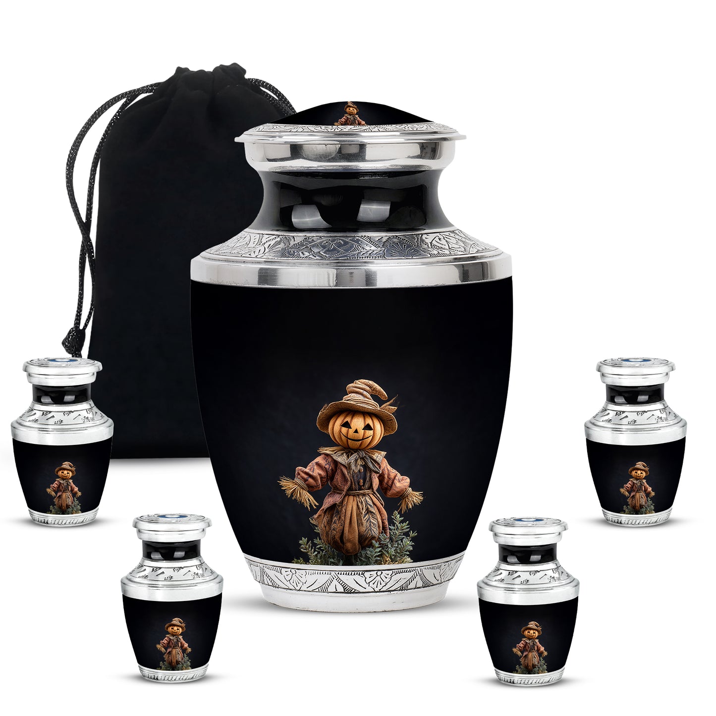 Charcoal Black Halloween Cremation Urn lifestyle display on memorial shelf - artistic halloween interpretation with creative detail - memorial set with one large and four small urns
