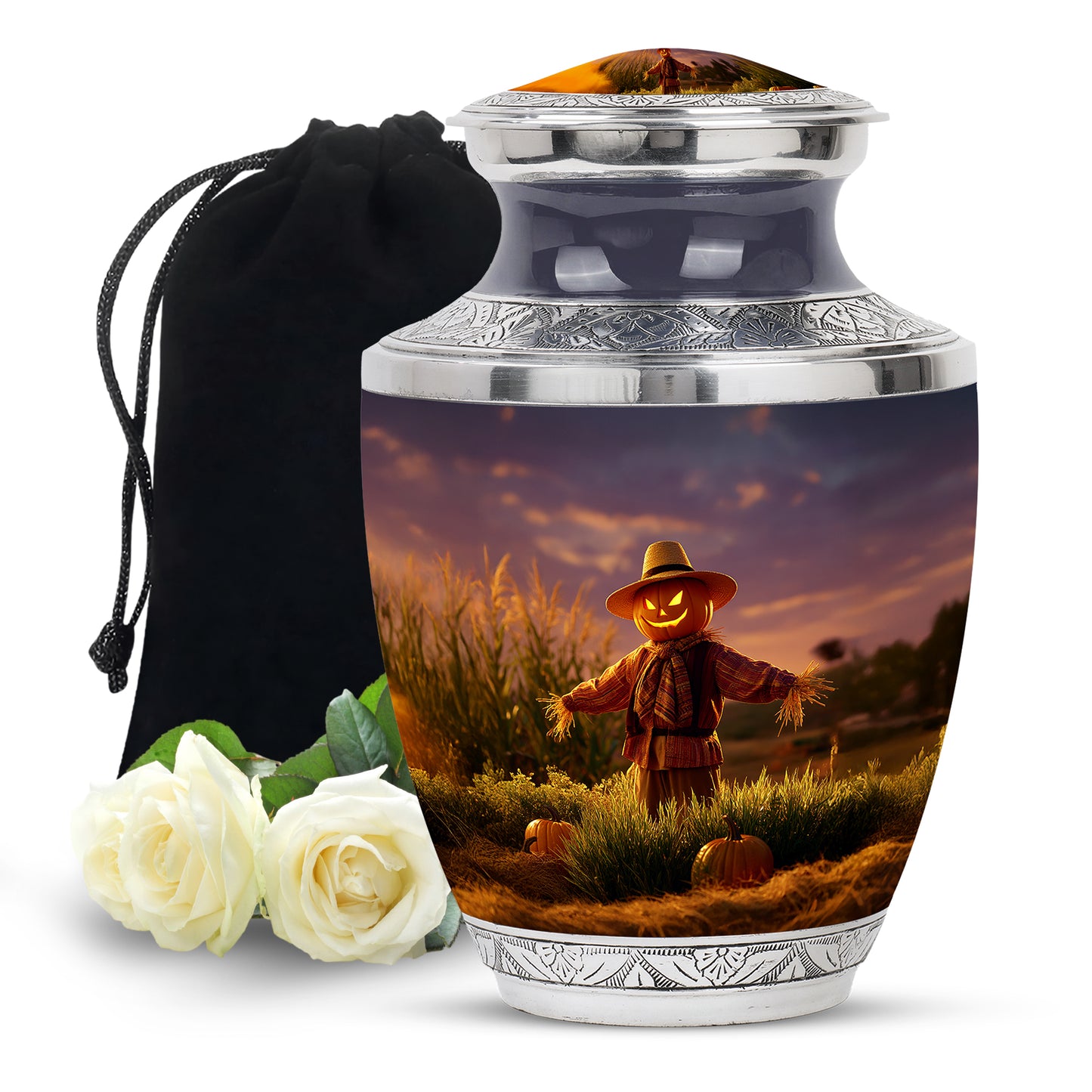 Lavender Purple Halloween Cremation Urn side profile showing urn shape - artistic halloween interpretation with creative detail - full-size 10 inch 200 cubic inch adult cremation urn