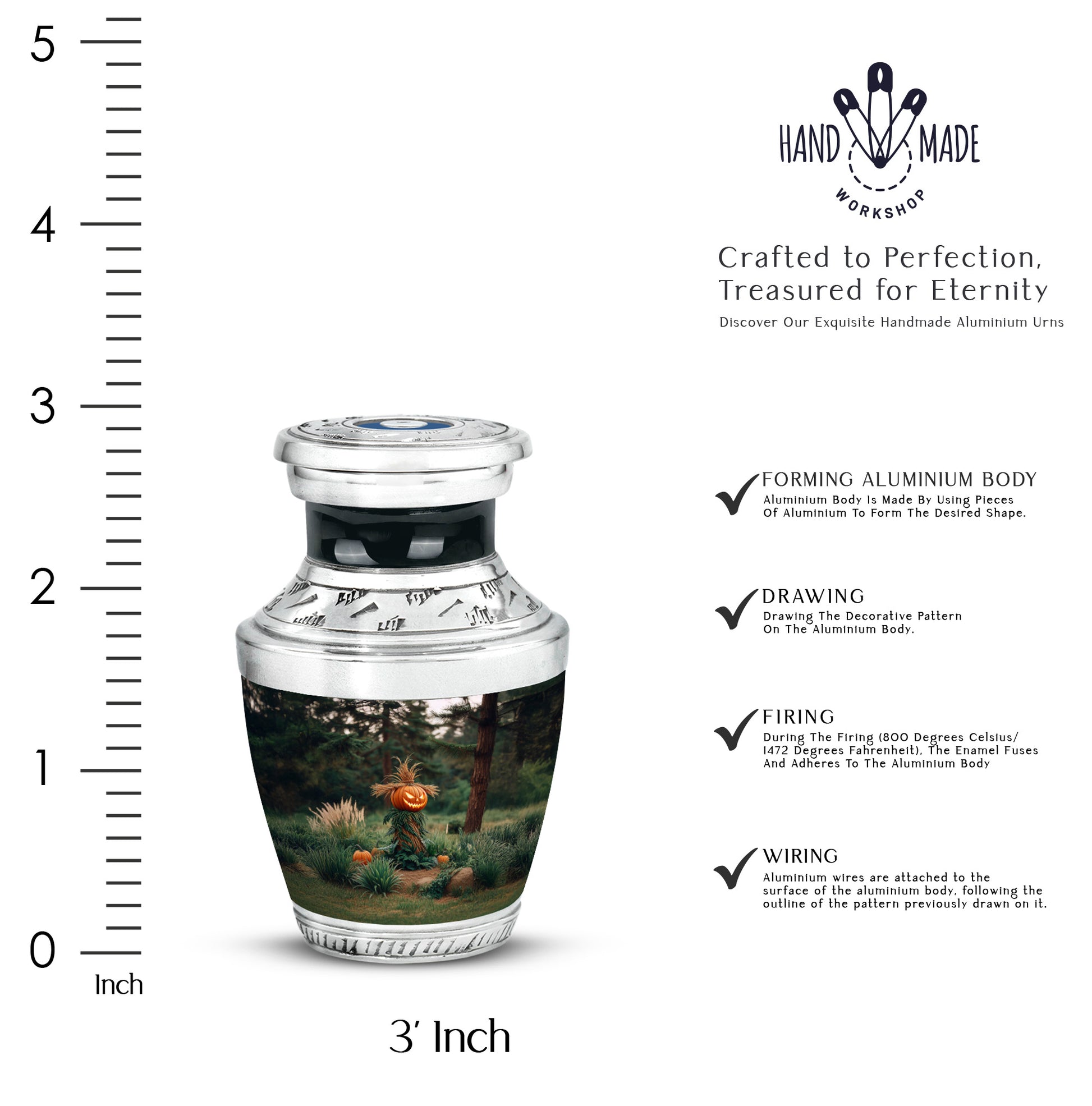 Ebony Halloween Cremation Urn top-down view of secure threaded lid - modern art-inspired halloween motif on sleek aluminum - mini keepsake memorial for portion of cremation ashes