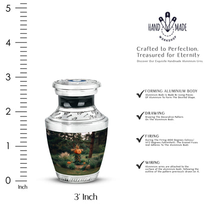 Ebony Halloween Cremation Urn top-down view of secure threaded lid - modern art-inspired halloween motif on sleek aluminum - mini keepsake memorial for portion of cremation ashes