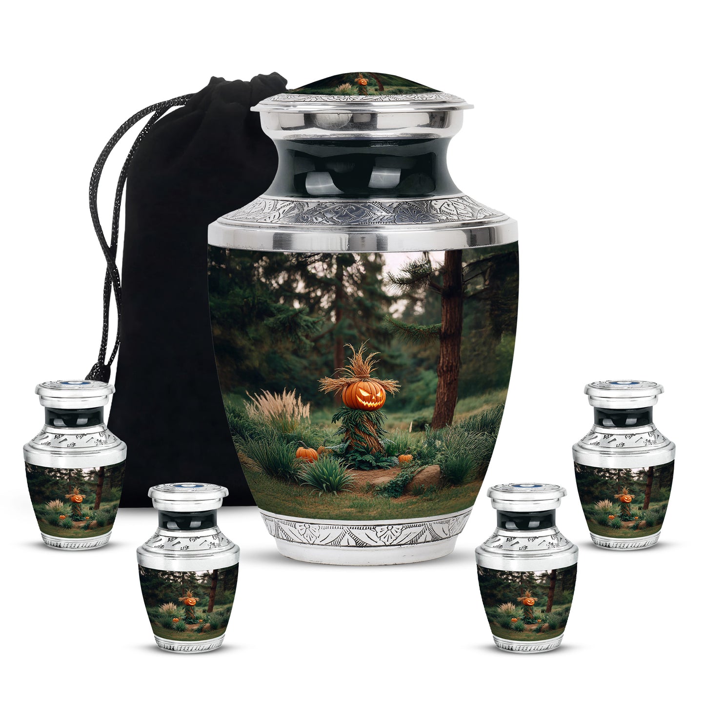 Midnight Black Halloween Cremation Urn lifestyle display on memorial shelf - stylized abstract halloween pattern with bold lines - memorial set with one large and four small urns