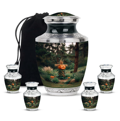 Midnight Black Halloween Cremation Urn lifestyle display on memorial shelf - stylized abstract halloween pattern with bold lines - memorial set with one large and four small urns
