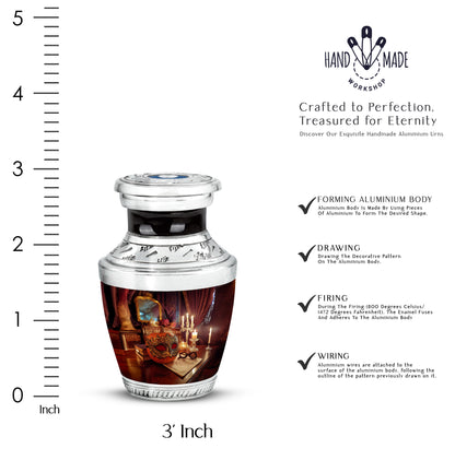 Cherry Red Halloween Cremation Urn top-down view of secure threaded lid - stylized abstract halloween pattern with bold lines - mini keepsake memorial for portion of cremation ashes