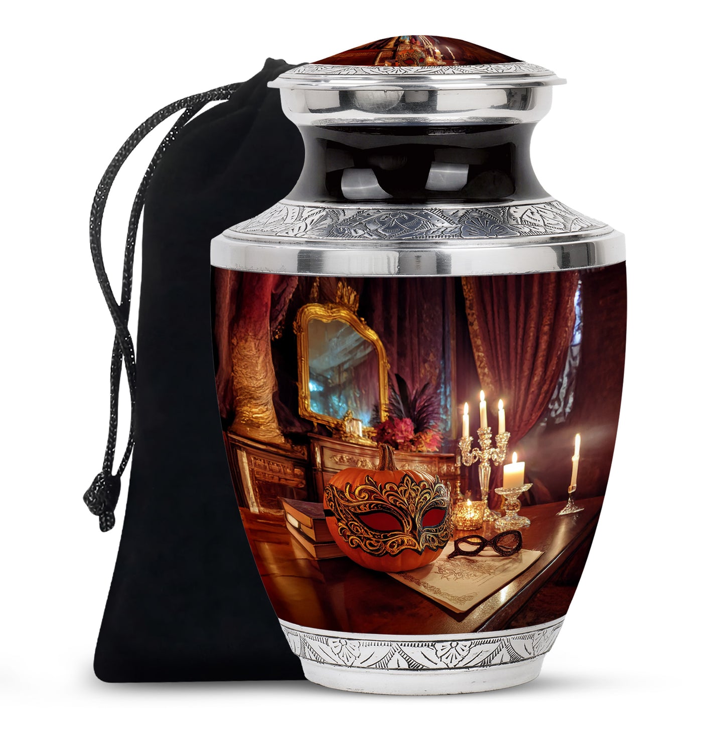 Garnet Red Halloween Cremation Urn side profile showing urn shape - contemporary halloween design with modern artistic flair - full-size 10 inch 200 cubic inch adult cremation urn