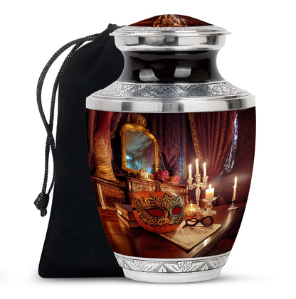 Garnet Red Halloween Cremation Urn side profile showing urn shape - contemporary halloween design with modern artistic flair - full-size 10 inch 200 cubic inch adult cremation urn