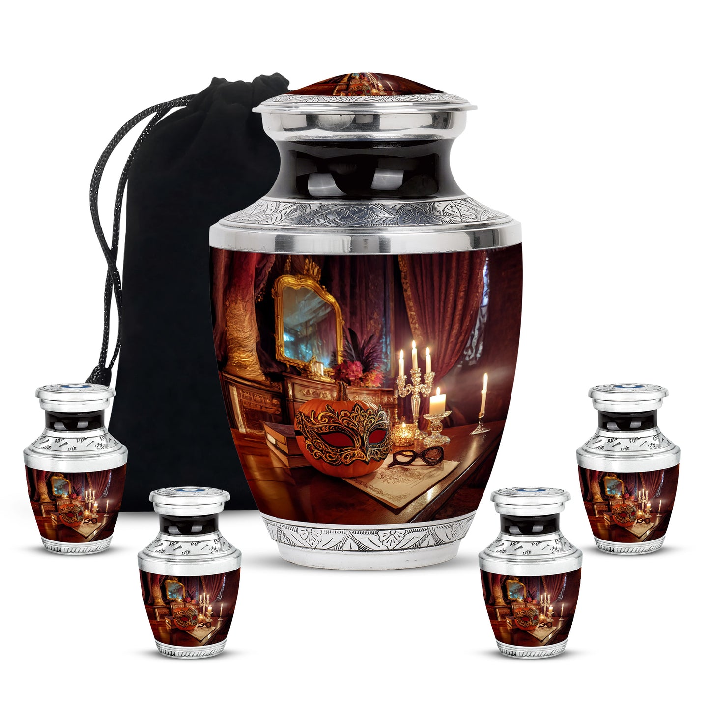 Deep Red Halloween Cremation Urn lifestyle display on memorial shelf - contemporary halloween design with modern artistic flair - memorial set with one large and four small urns