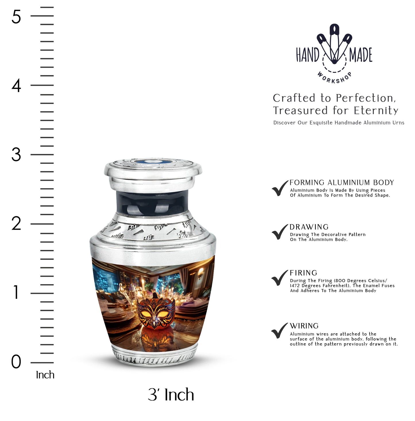 Matte Gold Halloween Cremation Urn top-down view of secure threaded lid - artistic halloween interpretation with creative detail - mini keepsake memorial for portion of cremation ashes