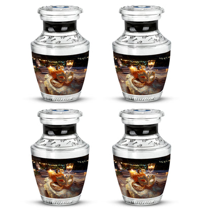 Deep Black Halloween Cremation Urn back view with polished surface - contemporary halloween design with modern artistic flair - 10 inch aluminum urn for cremated remains