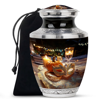 Jet Black Halloween Cremation Urn side profile showing urn shape - modern art-inspired halloween motif on sleek aluminum - full-size 10 inch 200 cubic inch adult cremation urn