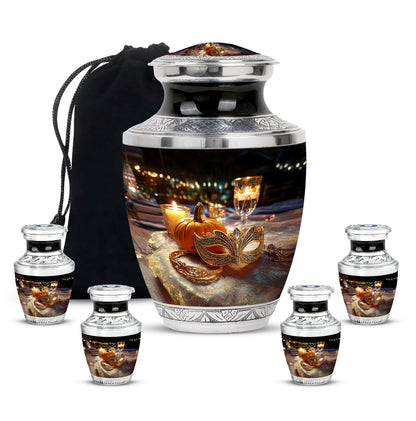 Deep Black Halloween Cremation Urn lifestyle display on memorial shelf - contemporary halloween design with modern artistic flair - memorial set with one large and four small urns