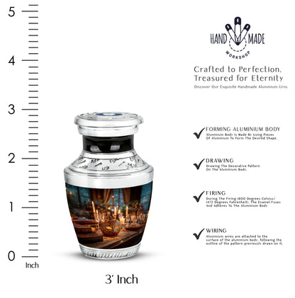 Sunrise Gold Halloween Cremation Urn top-down view of secure threaded lid - contemporary halloween design with modern artistic flair - mini keepsake memorial for portion of cremation ashes