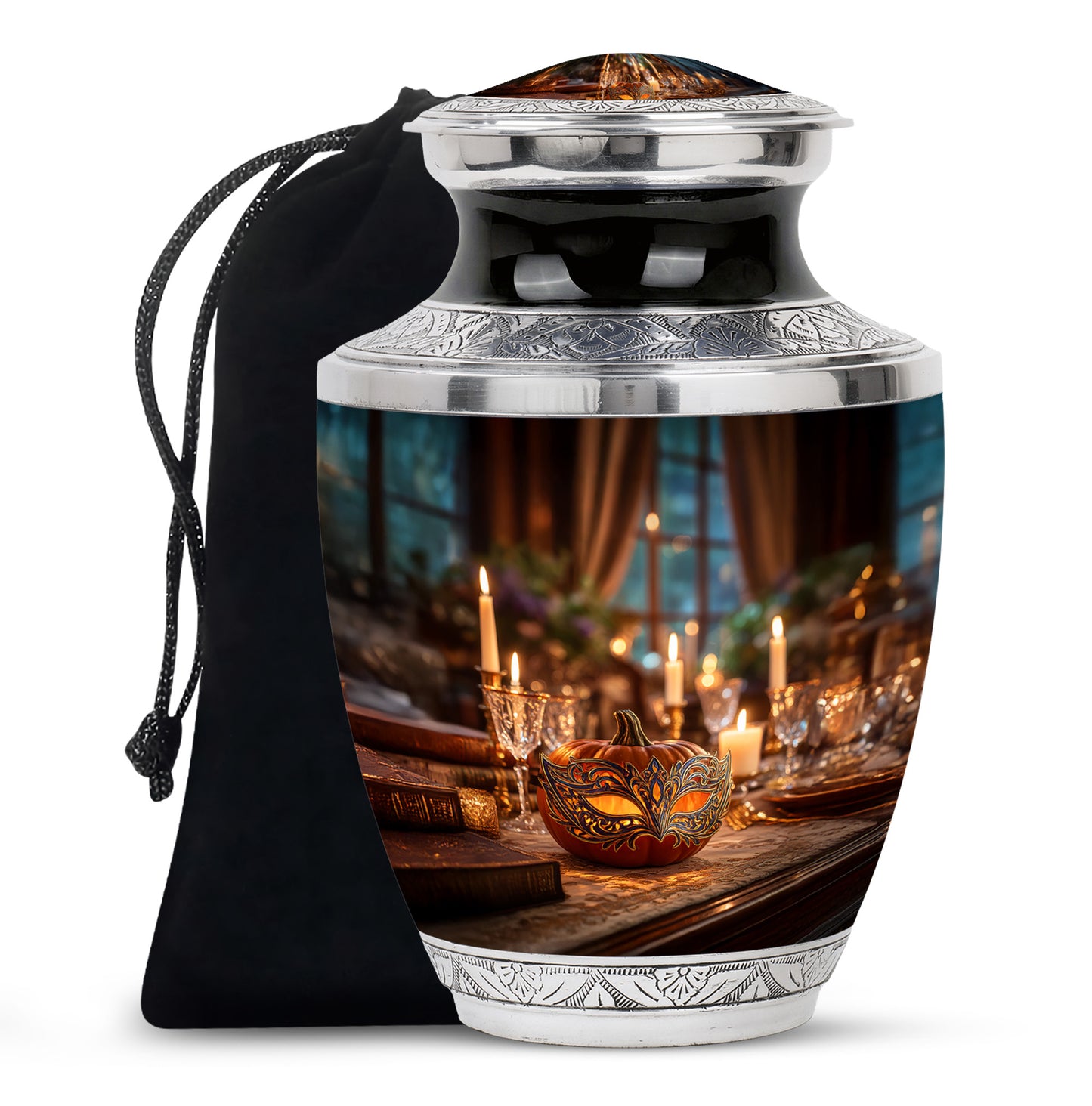 Burnished Gold Halloween Cremation Urn side profile showing urn shape - artistic halloween interpretation with creative detail - full-size 10 inch 200 cubic inch adult cremation urn