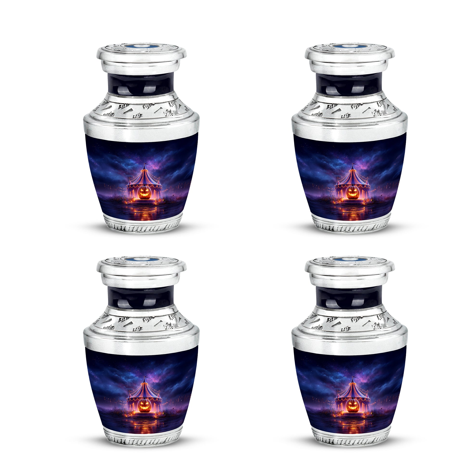 Powder Blue Halloween Cremation Urn back view with polished surface - modern art-inspired halloween motif on sleek aluminum - 10 inch aluminum urn for cremated remains