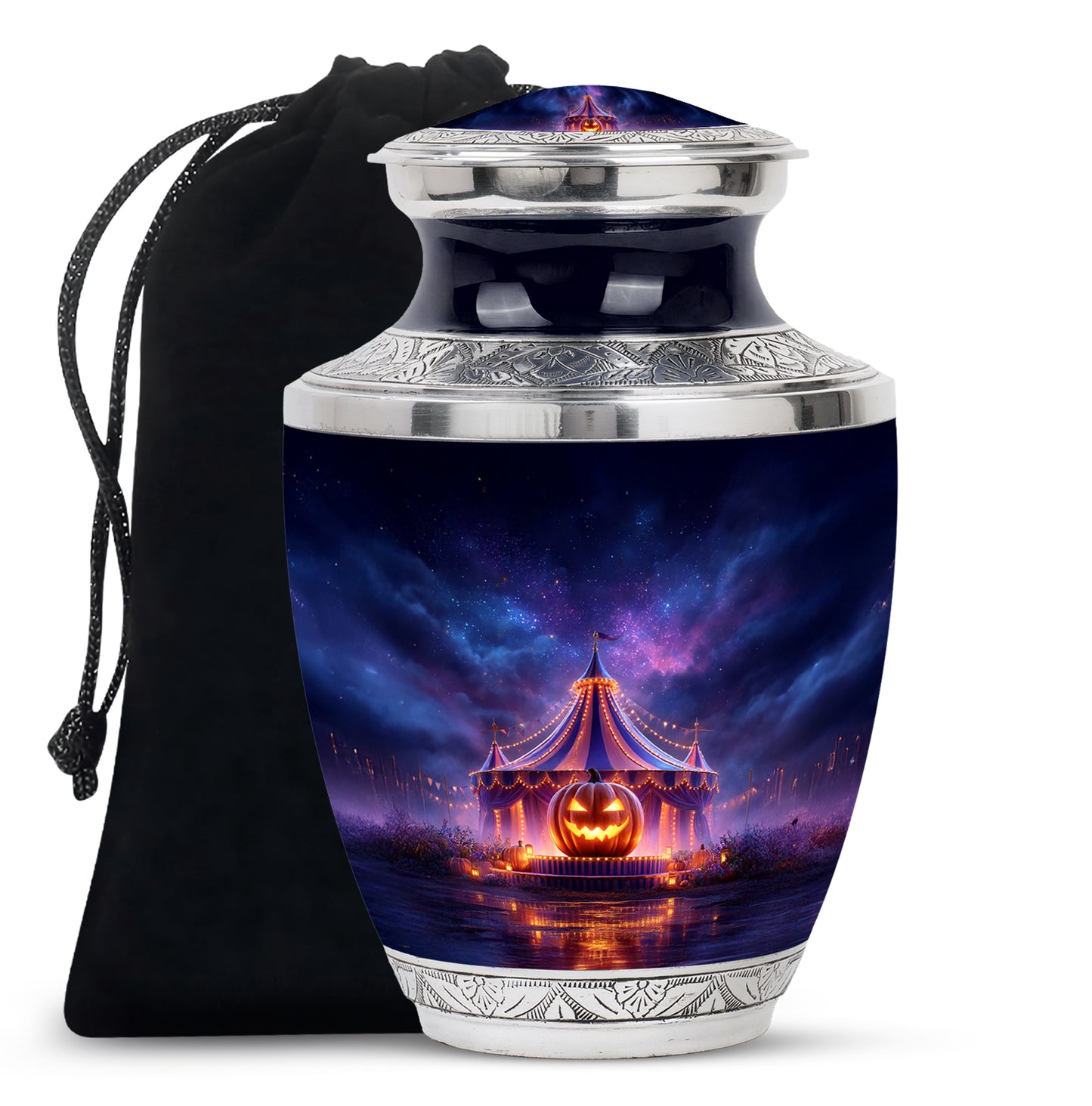 Royal Blue Halloween Cremation Urn side profile showing urn shape - stylized abstract halloween pattern with bold lines - full-size 10 inch 200 cubic inch adult cremation urn