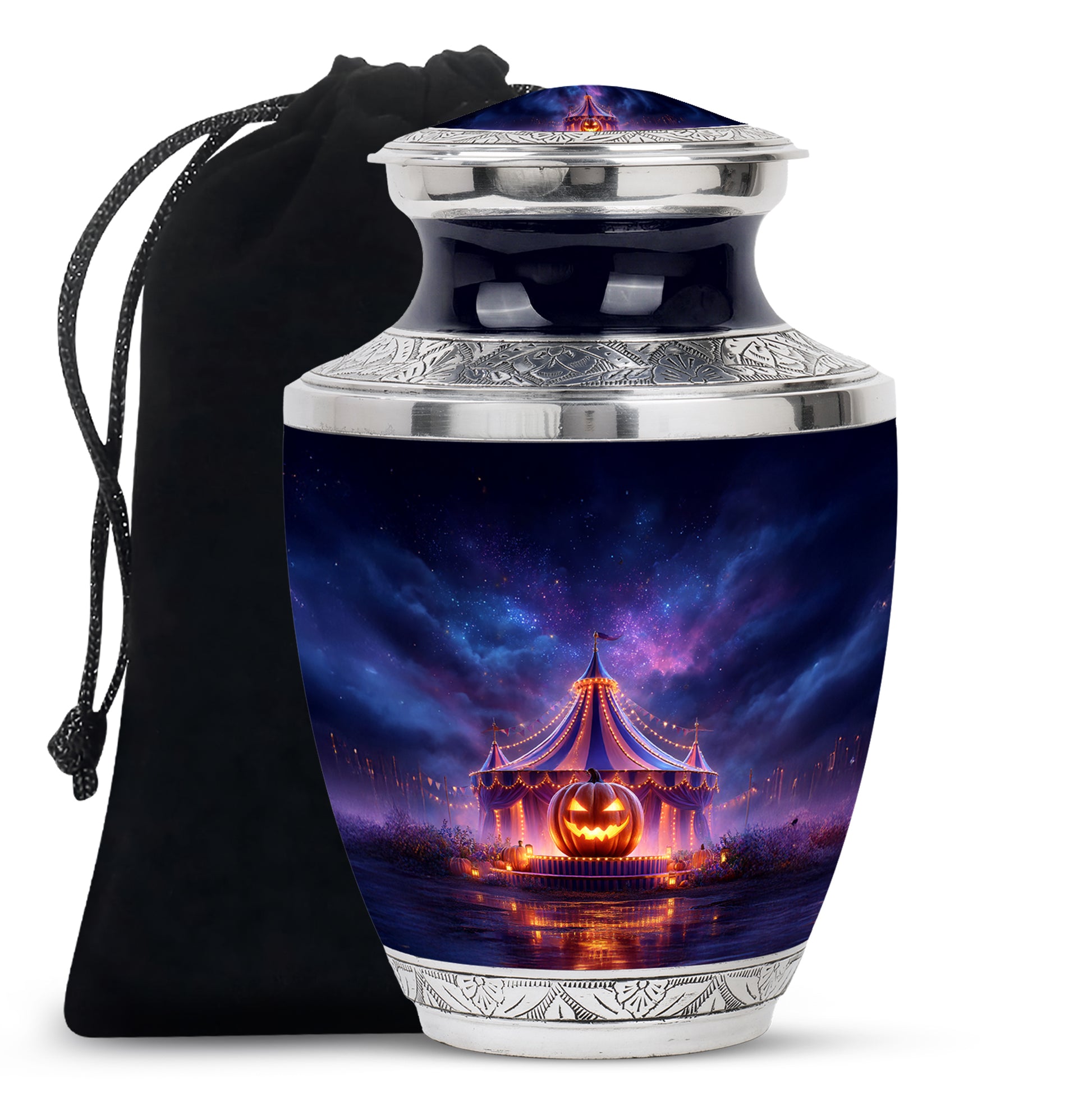Royal Blue Halloween Cremation Urn side profile showing urn shape - stylized abstract halloween pattern with bold lines - full-size 10 inch 200 cubic inch adult cremation urn