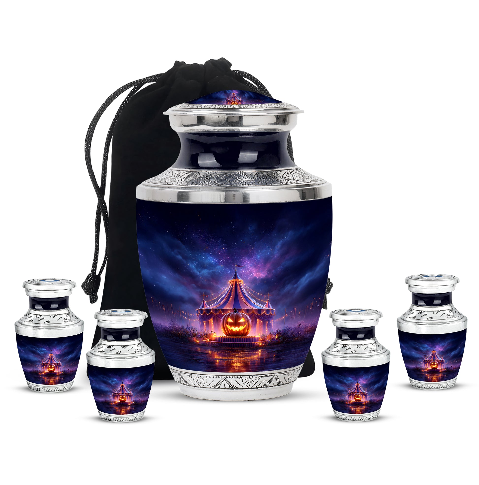 Misty Blue Halloween Cremation Urn lifestyle display on memorial shelf - contemporary halloween design with modern artistic flair - memorial set with one large and four small urns