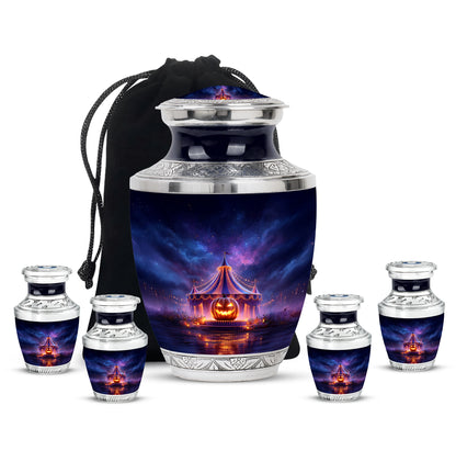 Misty Blue Halloween Cremation Urn lifestyle display on memorial shelf - contemporary halloween design with modern artistic flair - memorial set with one large and four small urns