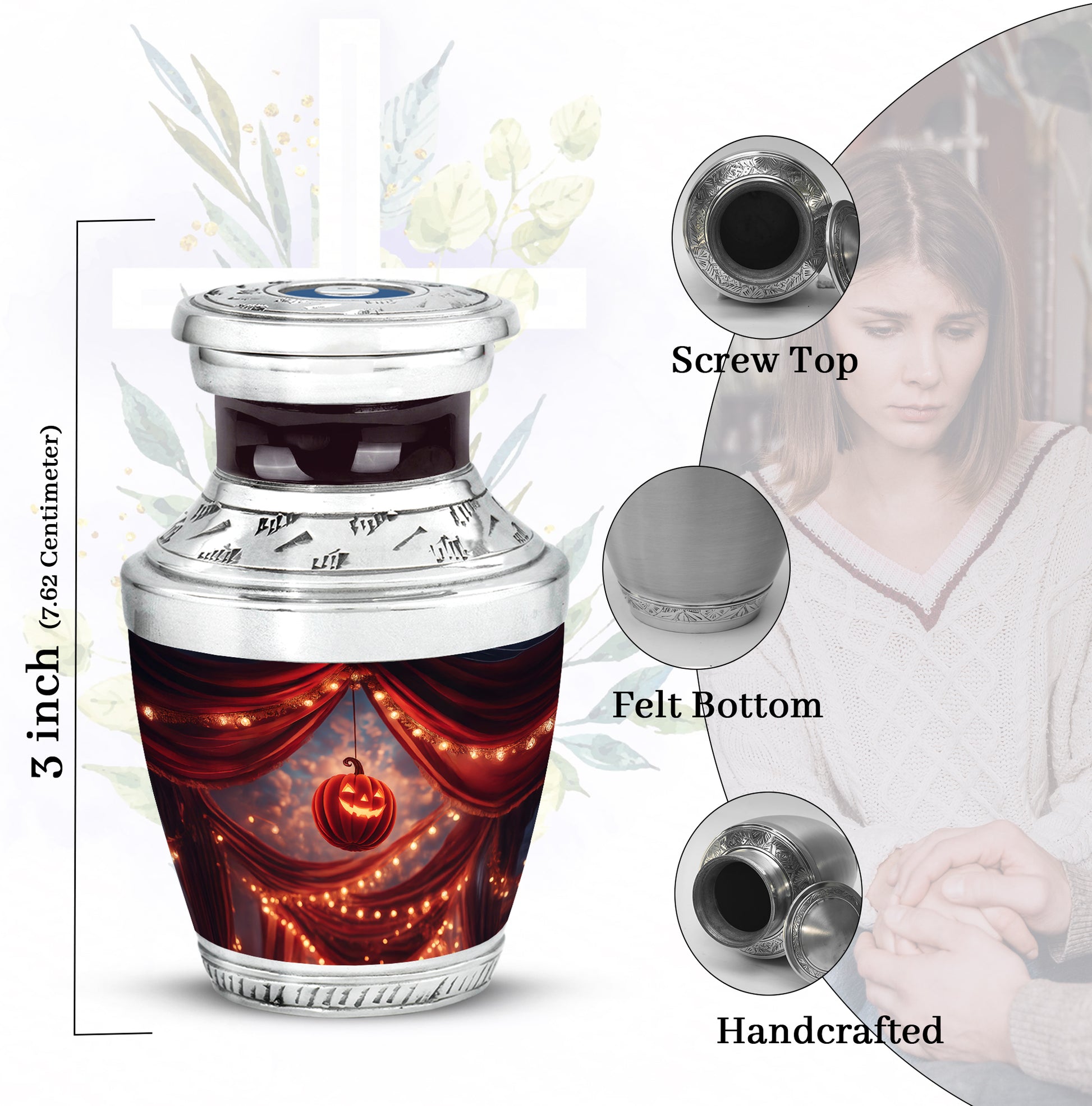 Cherry Red Halloween Cremation Urn top-down view of secure threaded lid - artistic halloween interpretation with creative detail - mini keepsake memorial for portion of cremation ashes