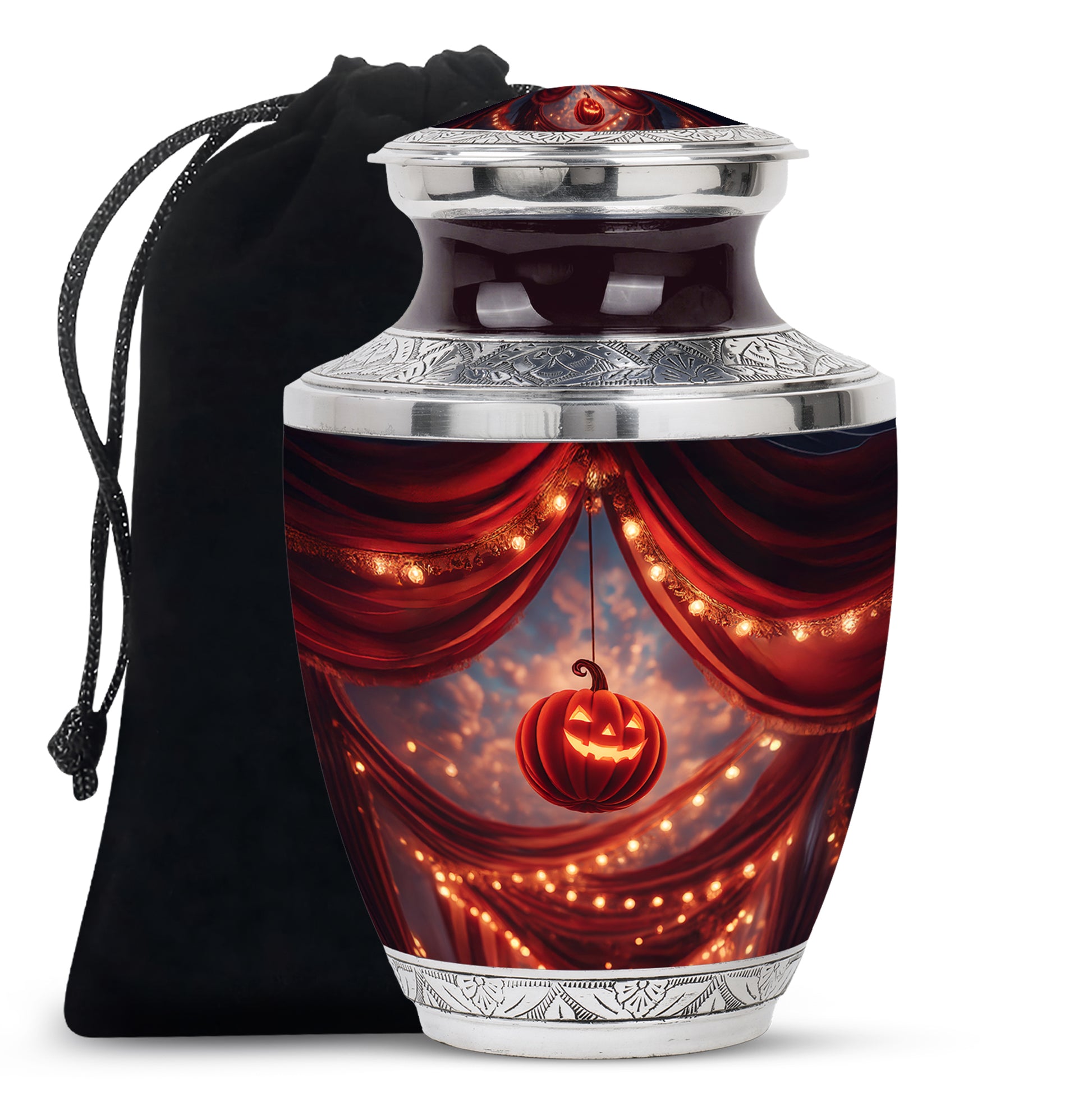 Garnet Red Halloween Cremation Urn side profile showing urn shape - contemporary halloween design with modern artistic flair - full-size 10 inch 200 cubic inch adult cremation urn