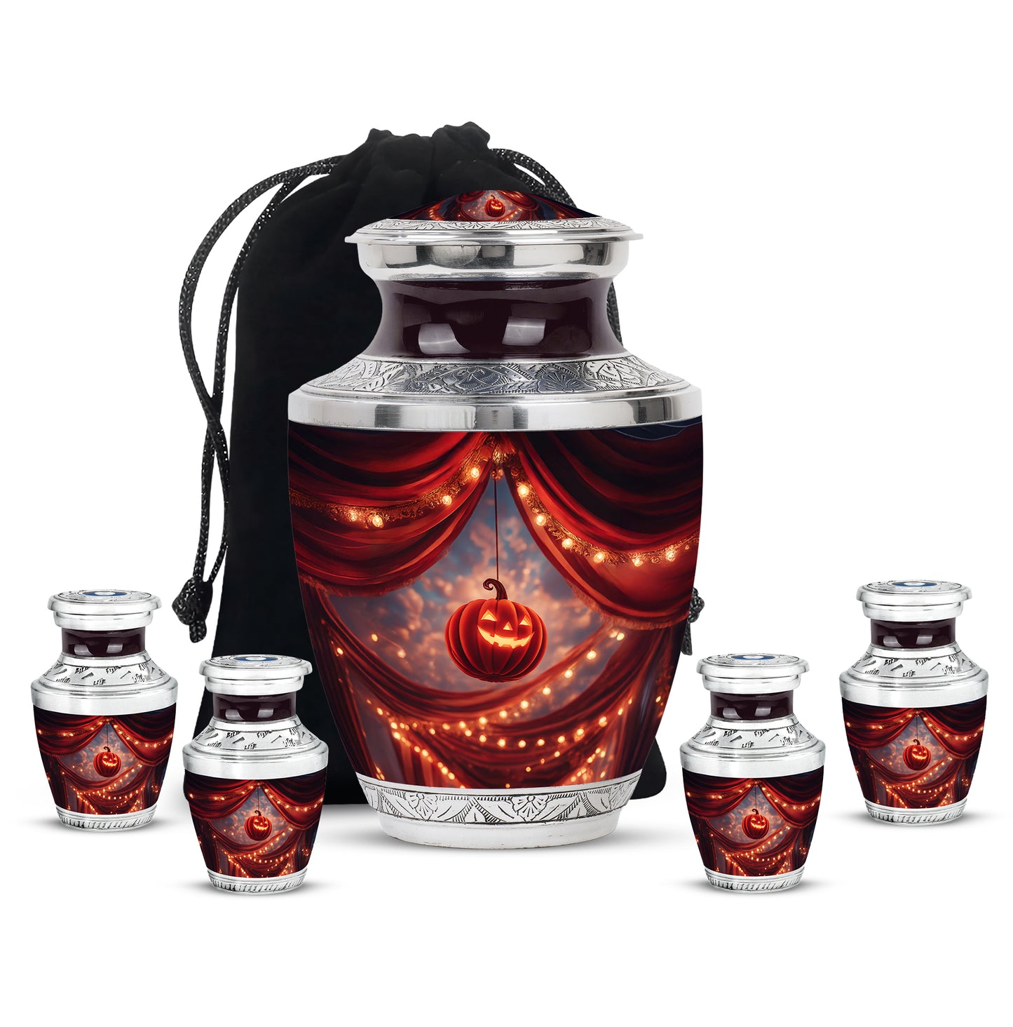 Scarlet Red Halloween Cremation Urn lifestyle display on memorial shelf - stylized abstract halloween pattern with bold lines - memorial set with one large and four small urns