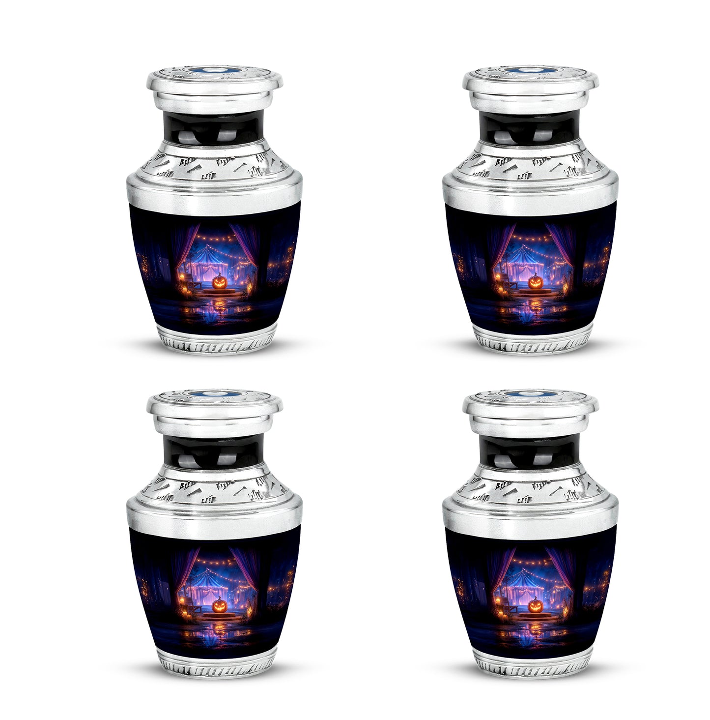 Midnight Black Halloween Cremation Urn back view with polished surface - artistic halloween interpretation with creative detail - 10 inch aluminum urn for cremated remains