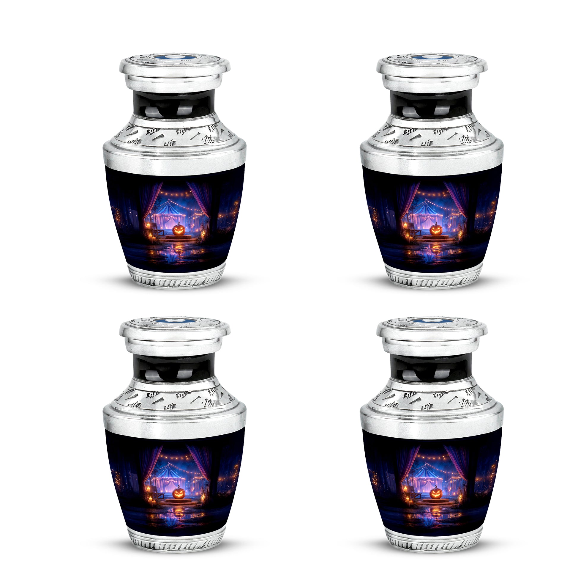 Midnight Black Halloween Cremation Urn back view with polished surface - artistic halloween interpretation with creative detail - 10 inch aluminum urn for cremated remains