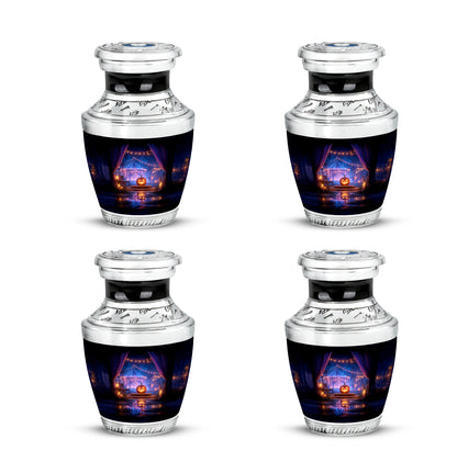 Midnight Black Halloween Cremation Urn back view with polished surface - artistic halloween interpretation with creative detail - 10 inch aluminum urn for cremated remains