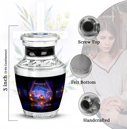 Rich Black Halloween Cremation Urn top-down view of secure threaded lid - modern art-inspired halloween motif on sleek aluminum - mini keepsake memorial for portion of cremation ashes