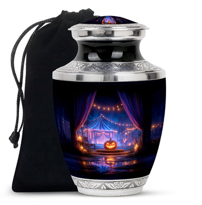 Glossy Black Halloween Cremation Urn side profile showing urn shape - contemporary halloween design with modern artistic flair - full-size 10 inch 200 cubic inch adult cremation urn