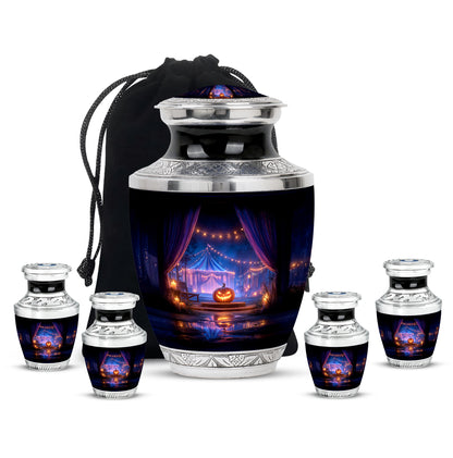 Glossy Black Halloween Cremation Urn lifestyle display on memorial shelf - contemporary halloween design with modern artistic flair - memorial set with one large and four small urns