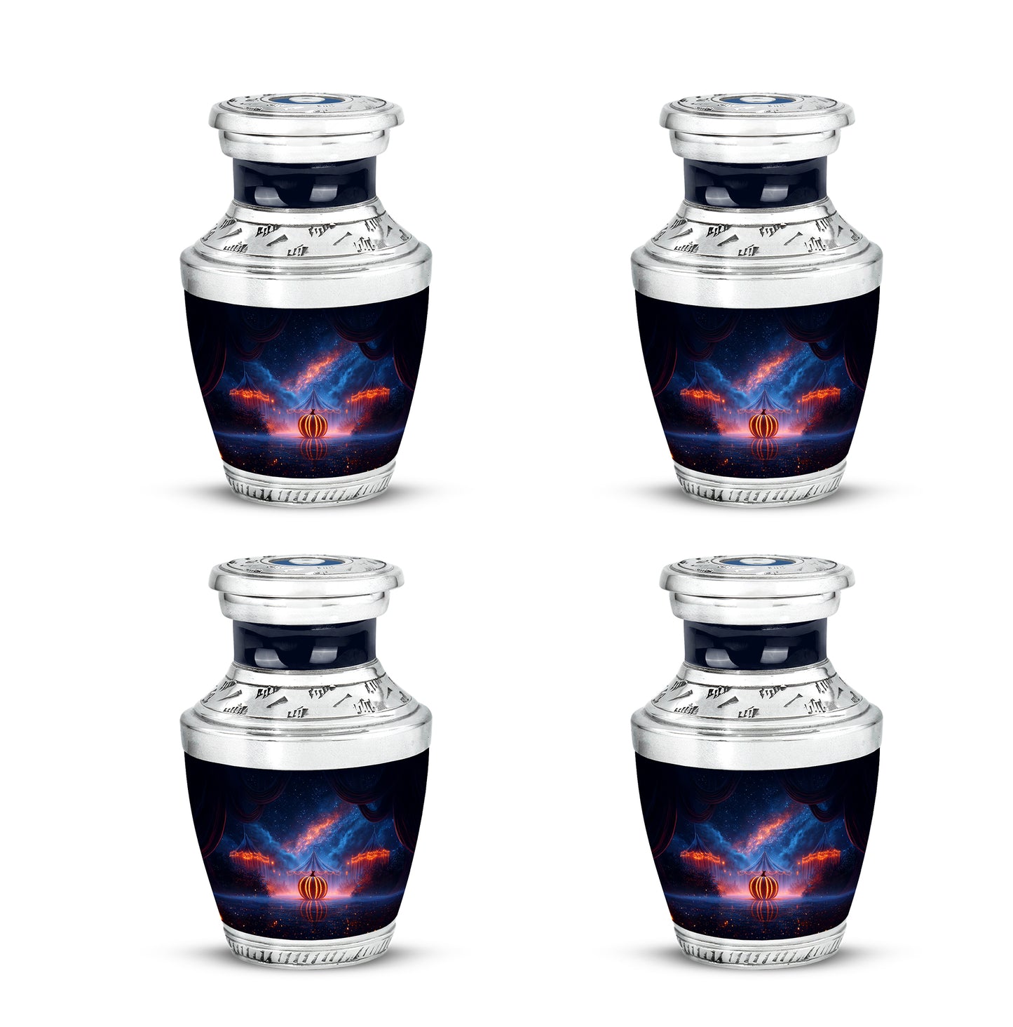 Vivid Blue Halloween Cremation Urn back view with polished surface - stylized abstract halloween pattern with bold lines - 10 inch aluminum urn for cremated remains