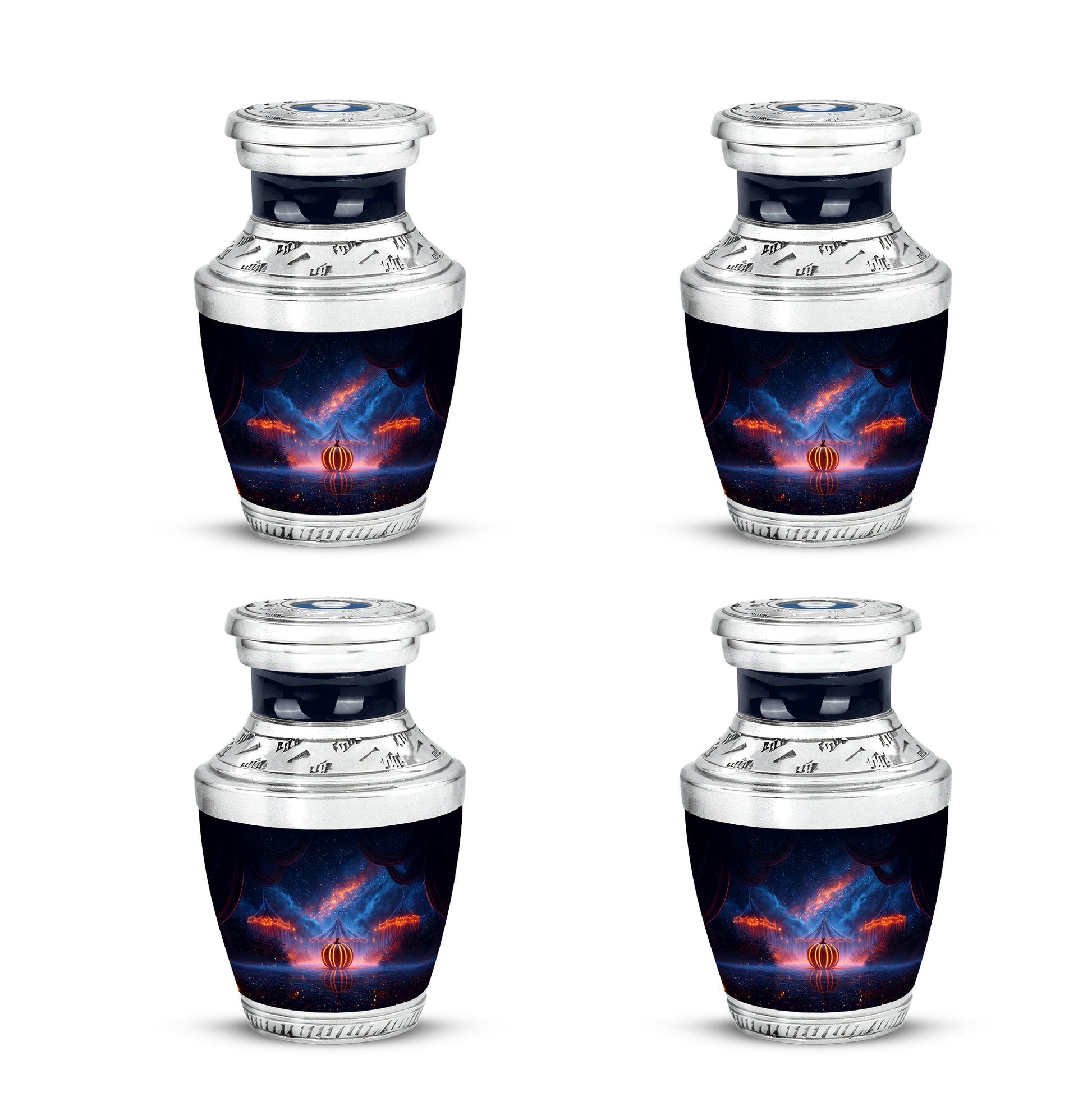 Vivid Blue Halloween Cremation Urn back view with polished surface - stylized abstract halloween pattern with bold lines - 10 inch aluminum urn for cremated remains