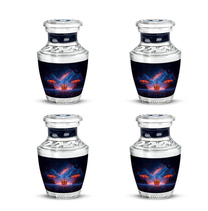 Vivid Blue Halloween Cremation Urn back view with polished surface - stylized abstract halloween pattern with bold lines - 10 inch aluminum urn for cremated remains