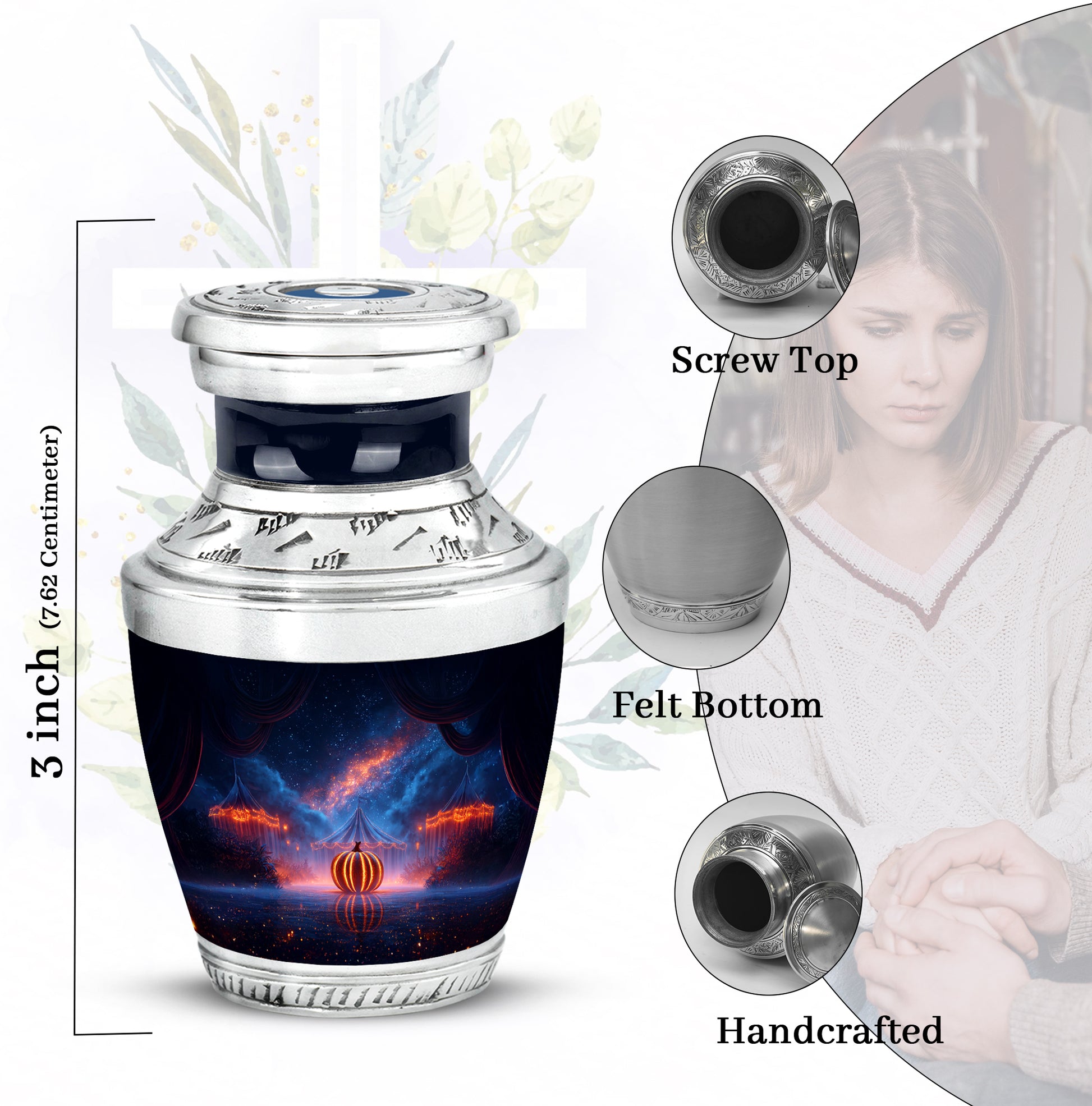 Indigo Halloween Cremation Urn top-down view of secure threaded lid - contemporary halloween design with modern artistic flair - mini keepsake memorial for portion of cremation ashes