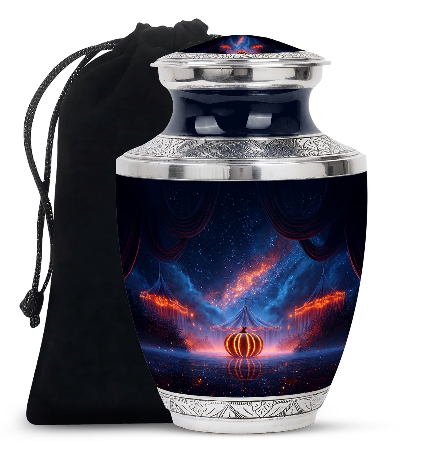 Dusty Blue Halloween Cremation Urn side profile showing urn shape - contemporary halloween design with modern artistic flair - full-size 10 inch 200 cubic inch adult cremation urn